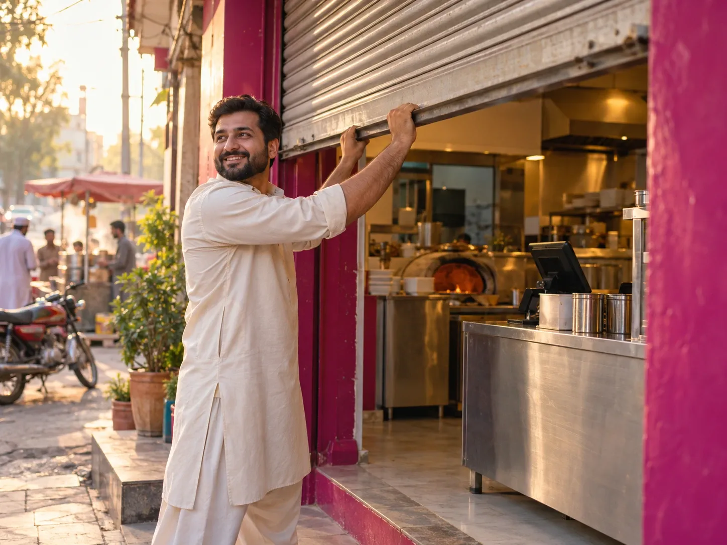 A restaurant owner pulling up the shutter of his new restaurant on day one