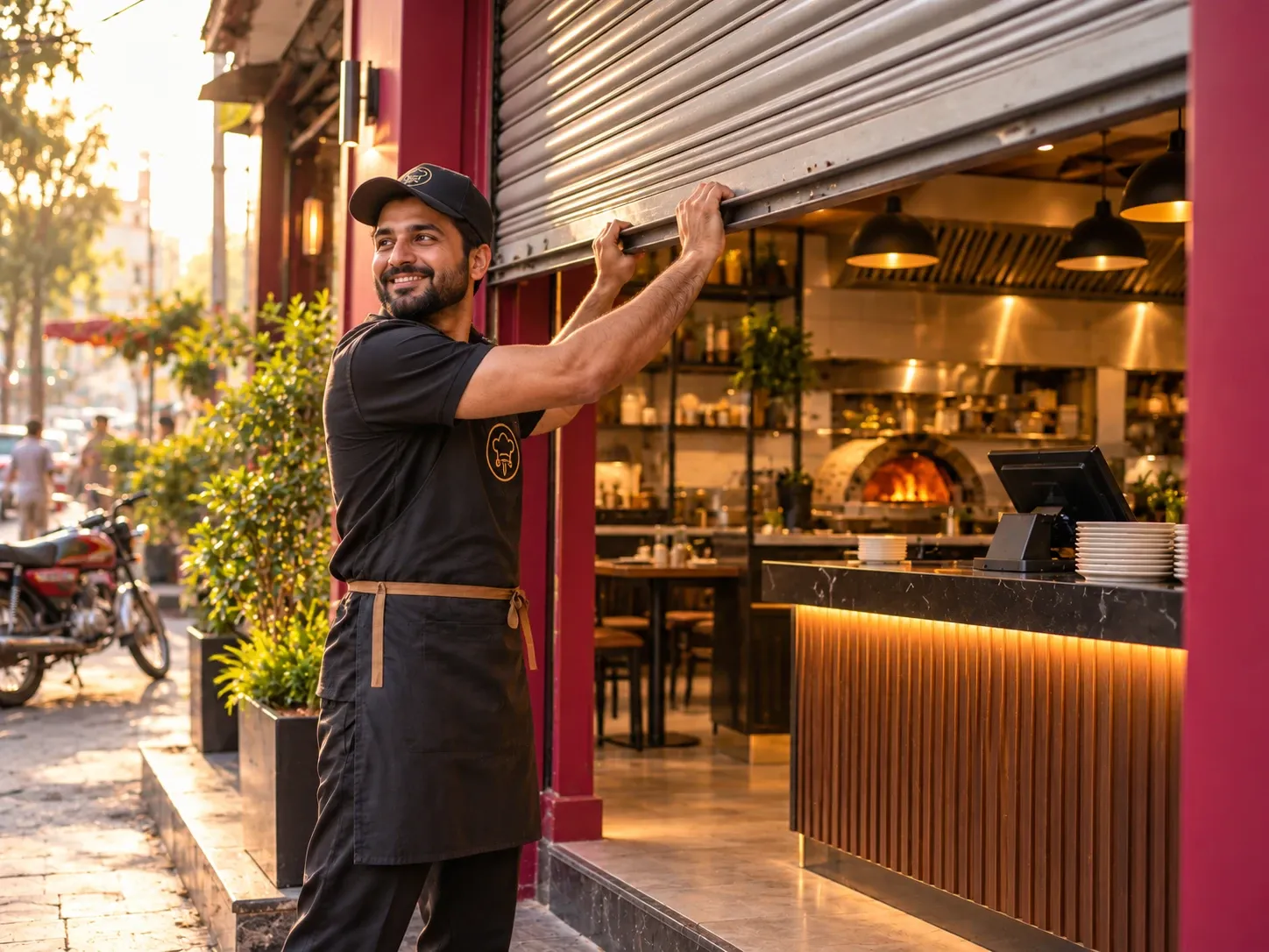 A restaurant owner pulling up the shutter of his new restaurant on day one